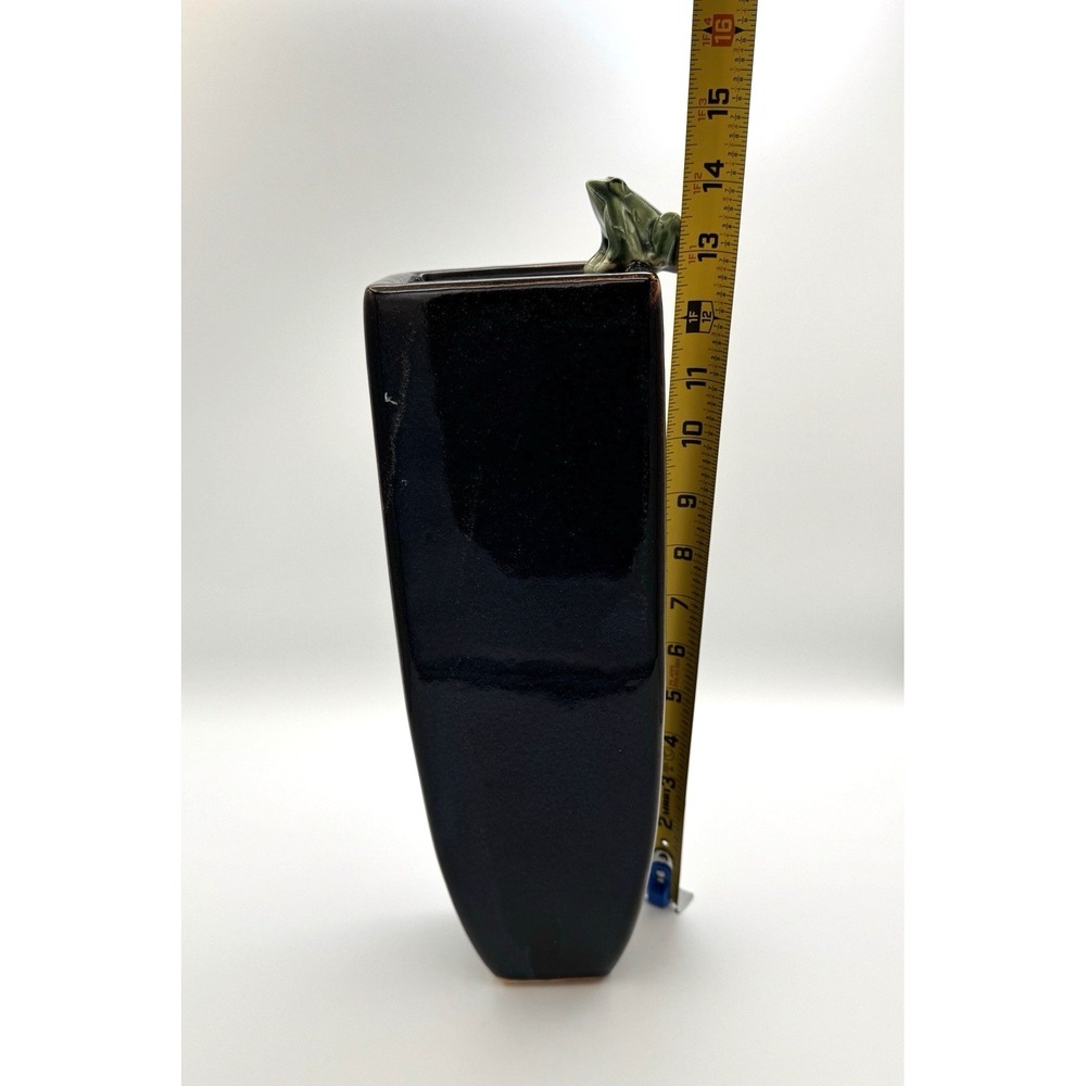 Tall Navy Blue Glazed Pottery Vase Frog Finial Modern Minimalist Decor 14" - Picture 7 of 9